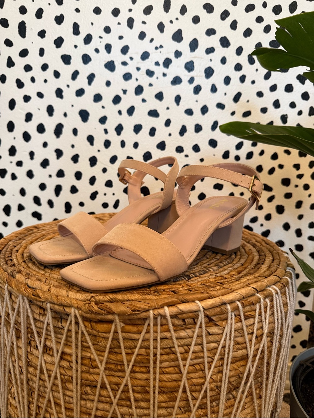 Arula Neutral Block Heel Sandal with Gold Buckle - Picture 2 of 5